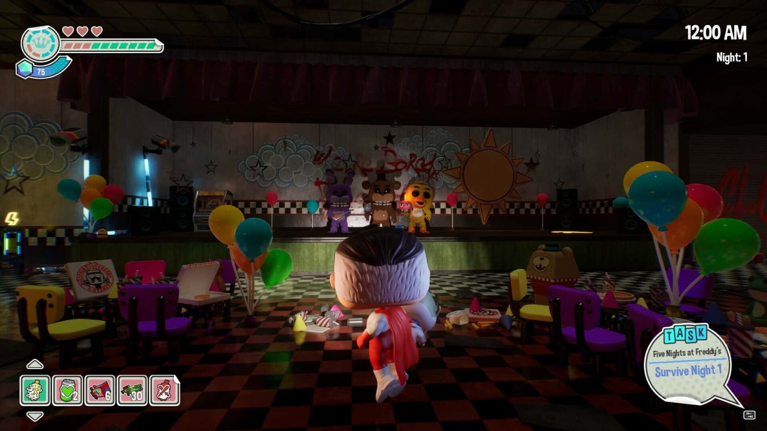 Third-person view of a character in red cape approaching animatronic figures on a stage in a party room with balloons and checkered floor