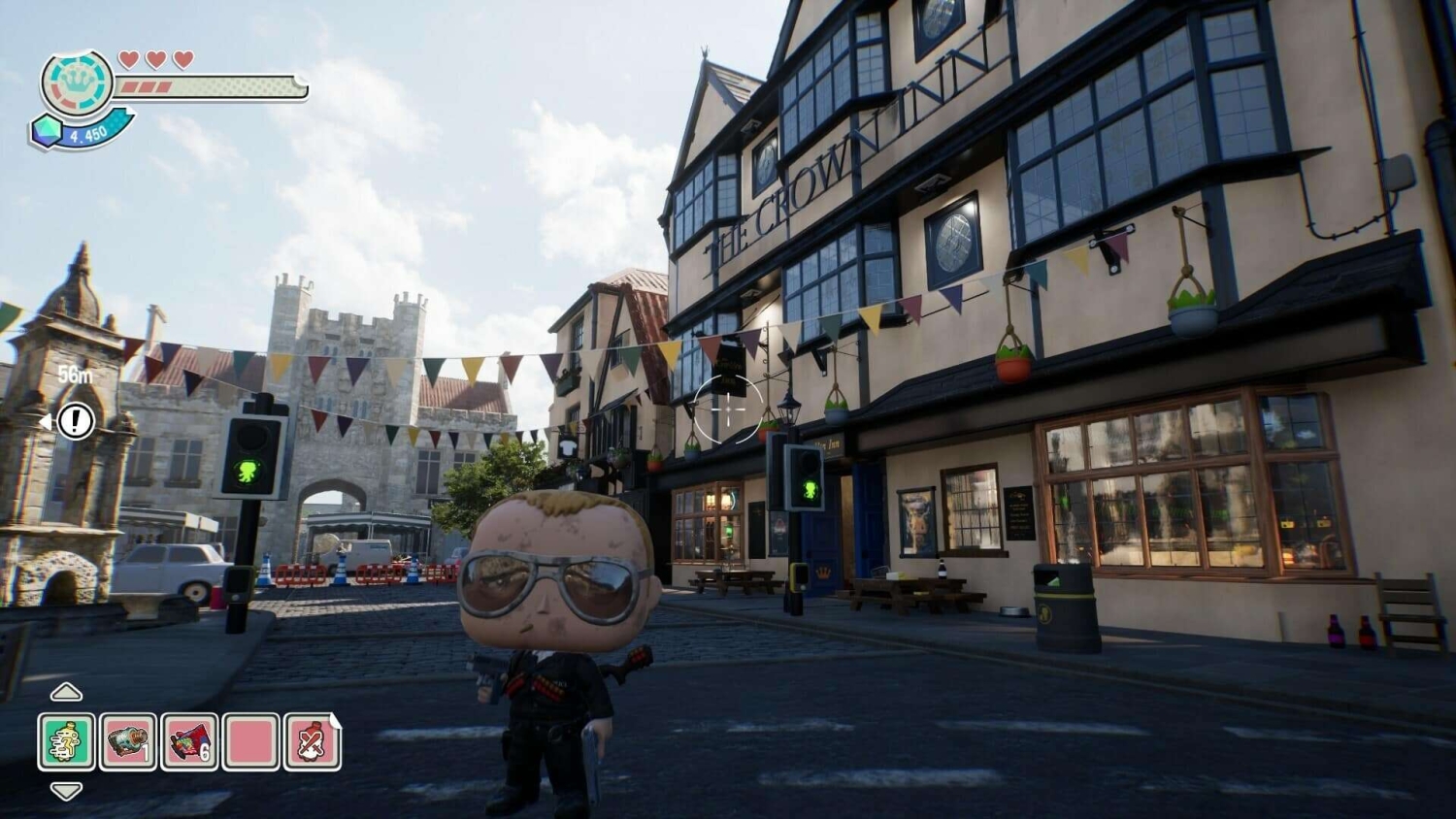 Stylised character with large head and glasses stands on a cobbled street beneath Tudor-style buildings and colourful bunting