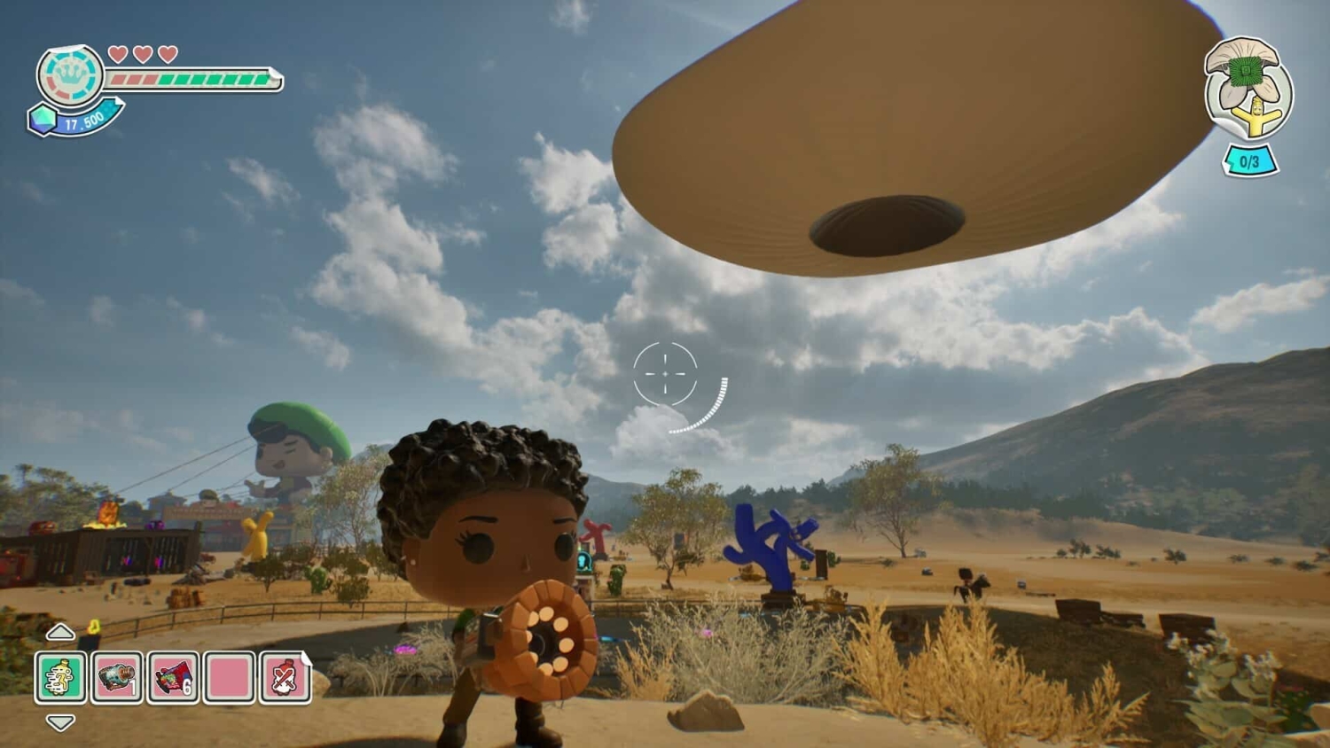 Game character with dark curly hair holding a circular weapon in a desert environment with mountains