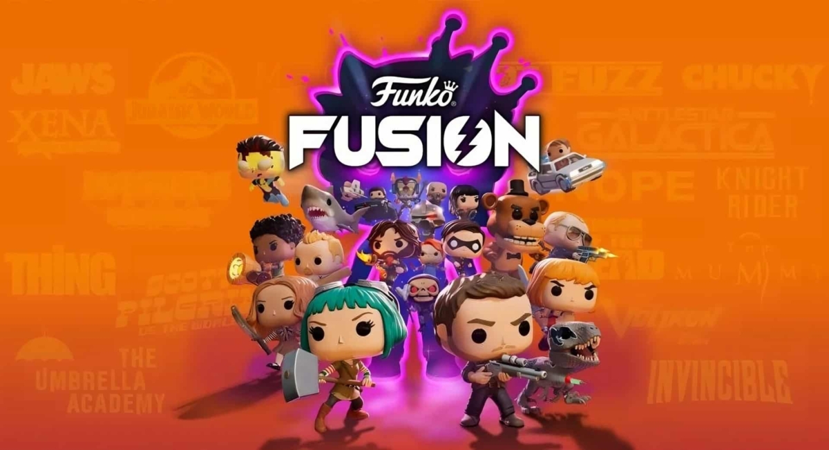 Group of stylised Funko Pop characters from various franchises on an orange background with Funko Fusion logo above
