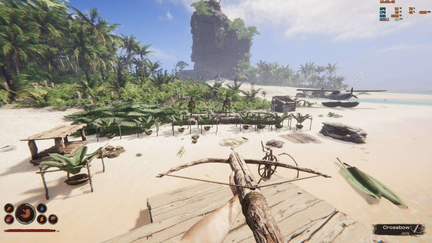 First-person view aiming a crossbow towards a makeshift camp with plants and a seaplane on a sandy beach