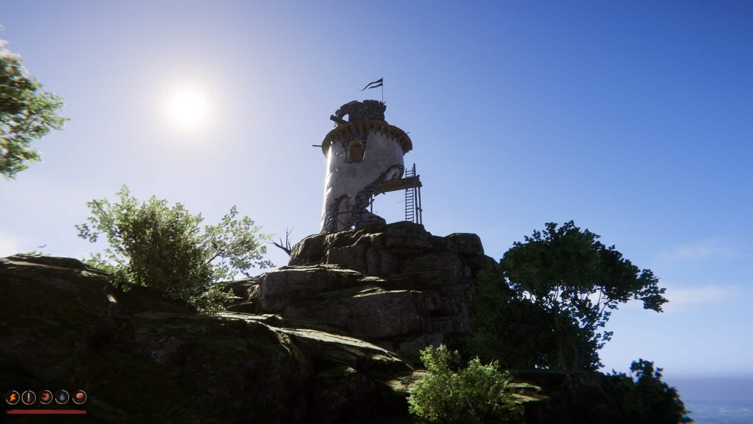 Sunlit circular stone watchtower stands on rocky hilltop surrounded by green trees under clear blue sky