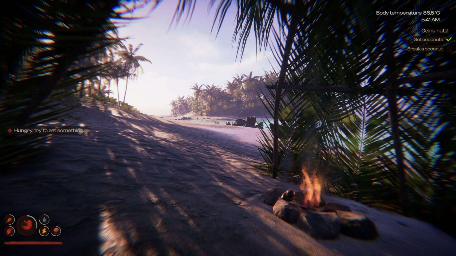 Sunlit tropical beach with palm trees casting shadows and a small campfire on the sand at dawn in a video game