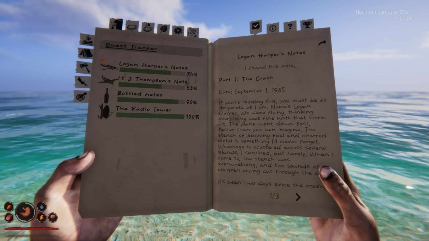 Hands hold an open quest tracker book showing progress percentages and notes over an ocean background