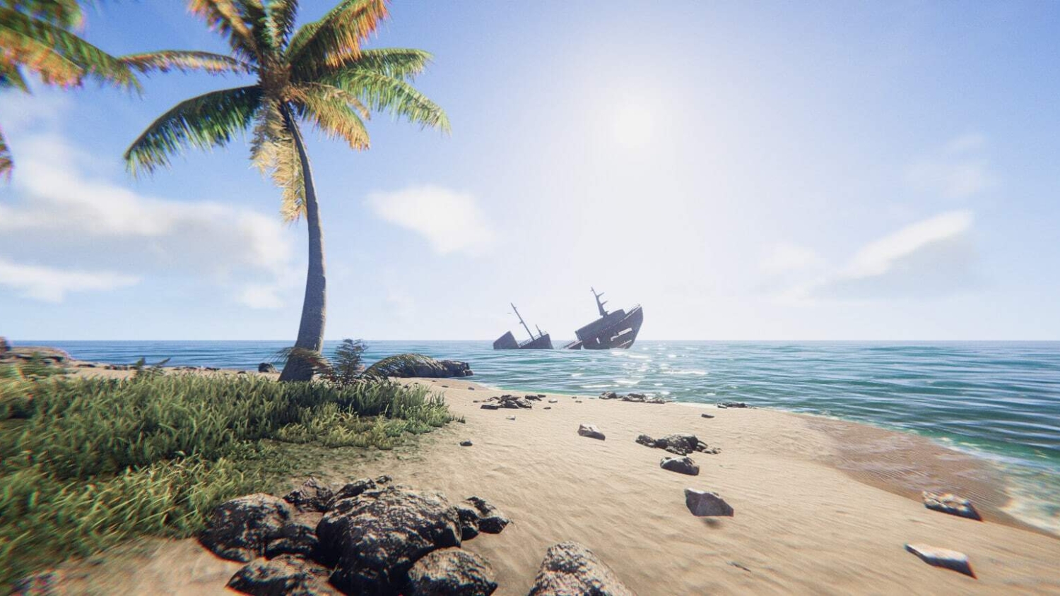 Sandy tropical beach with palm tree and rocks, sunken ship visible near calm sea under bright sky