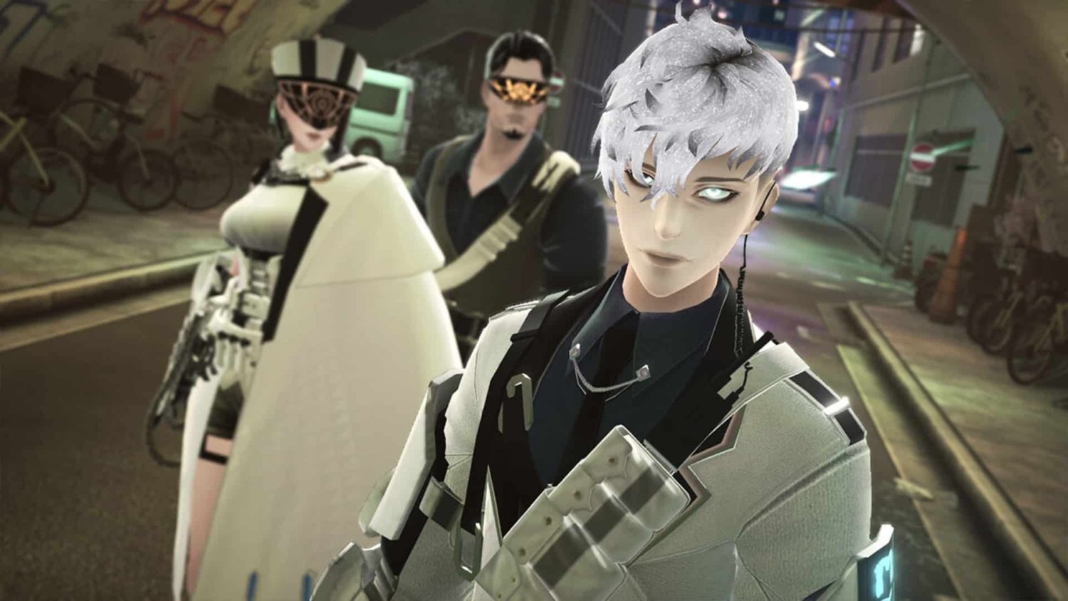 Three futuristic characters with glowing eyes wearing cyberpunk attire stand in a dimly lit urban alley at night