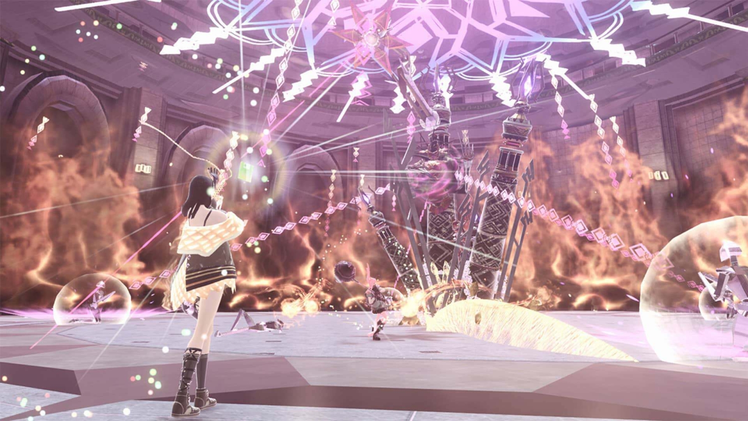 Female character casting a bright magical spell amid fiery effects in a large circular chamber