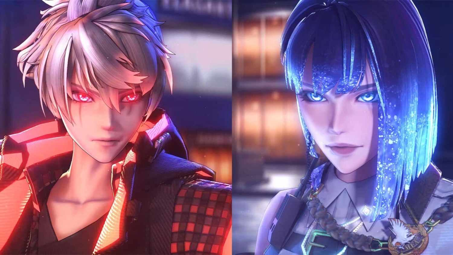 Two stylised animated characters with glowing red and blue eyes in a dark futuristic environment, separated by a vertical line