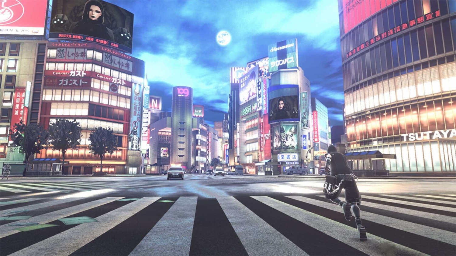 Character running across a wide pedestrian crossing in a brightly lit urban city at night with illuminated billboards