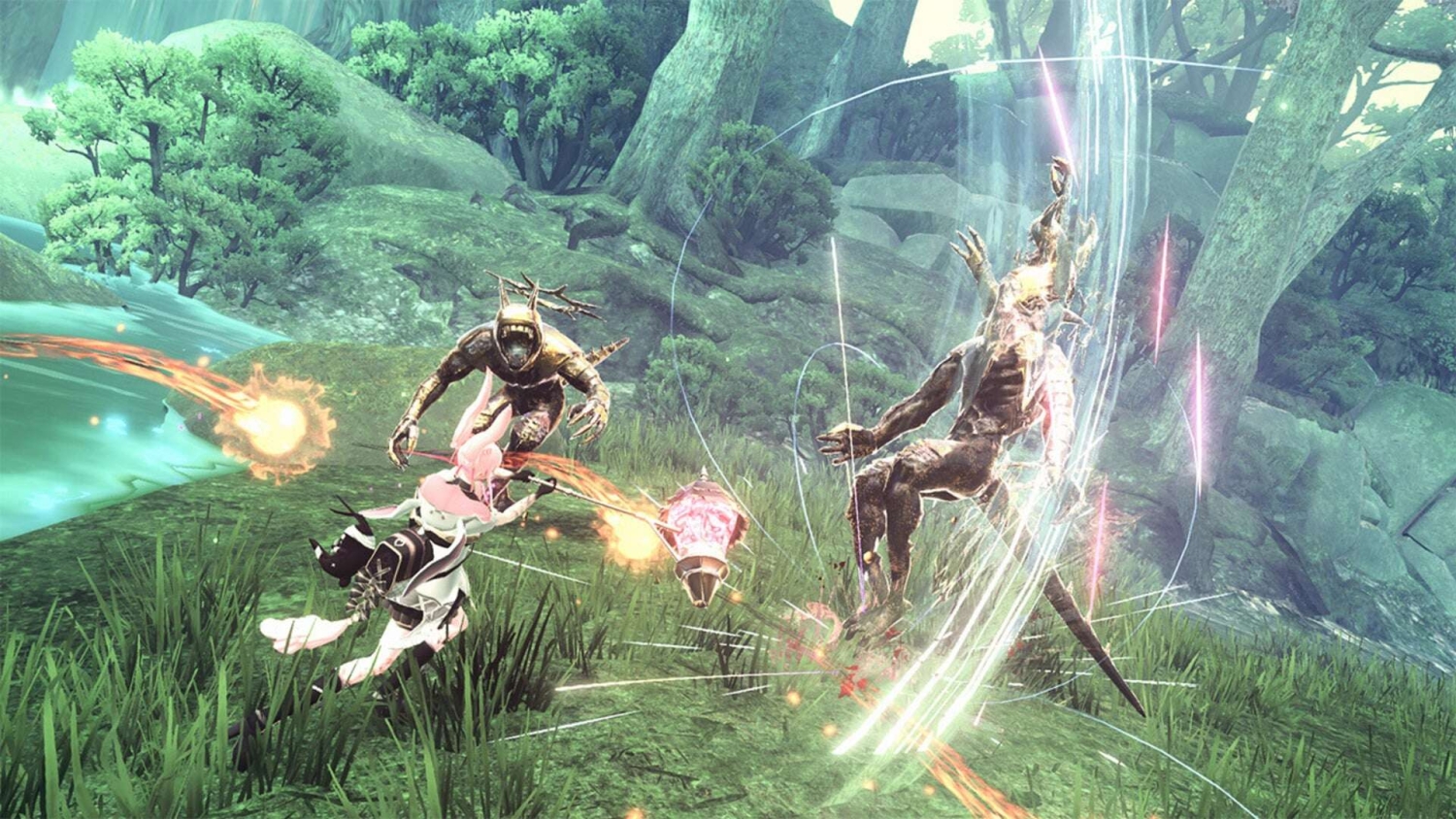 Character casting a fiery magic spell at two monstrous creatures in a green forest clearing