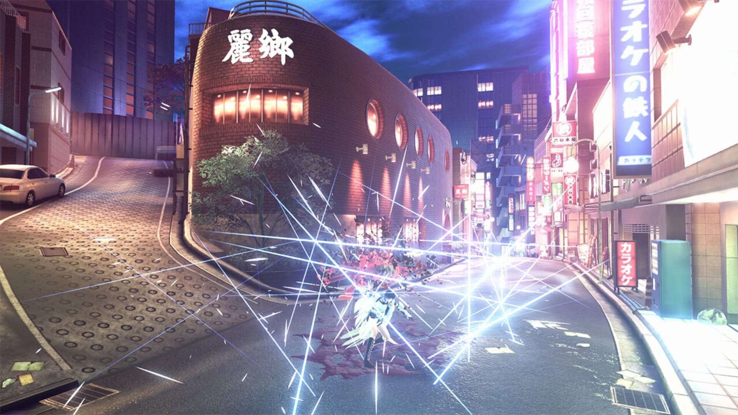 Bright blue magical light effects burst across a narrow urban street lit by Japanese neon signs at night