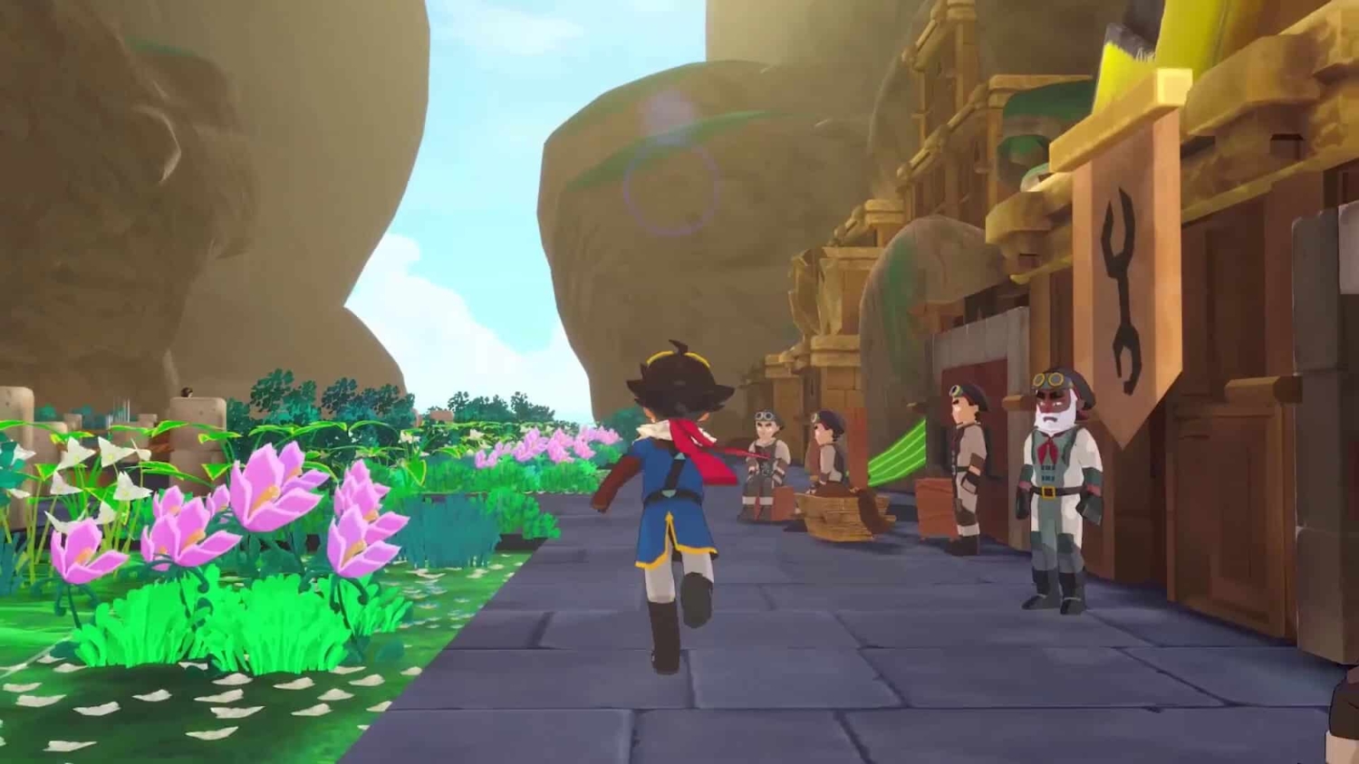 Young animated character runs down a stone path beside pink flowers and several standing figures near wooden buildings