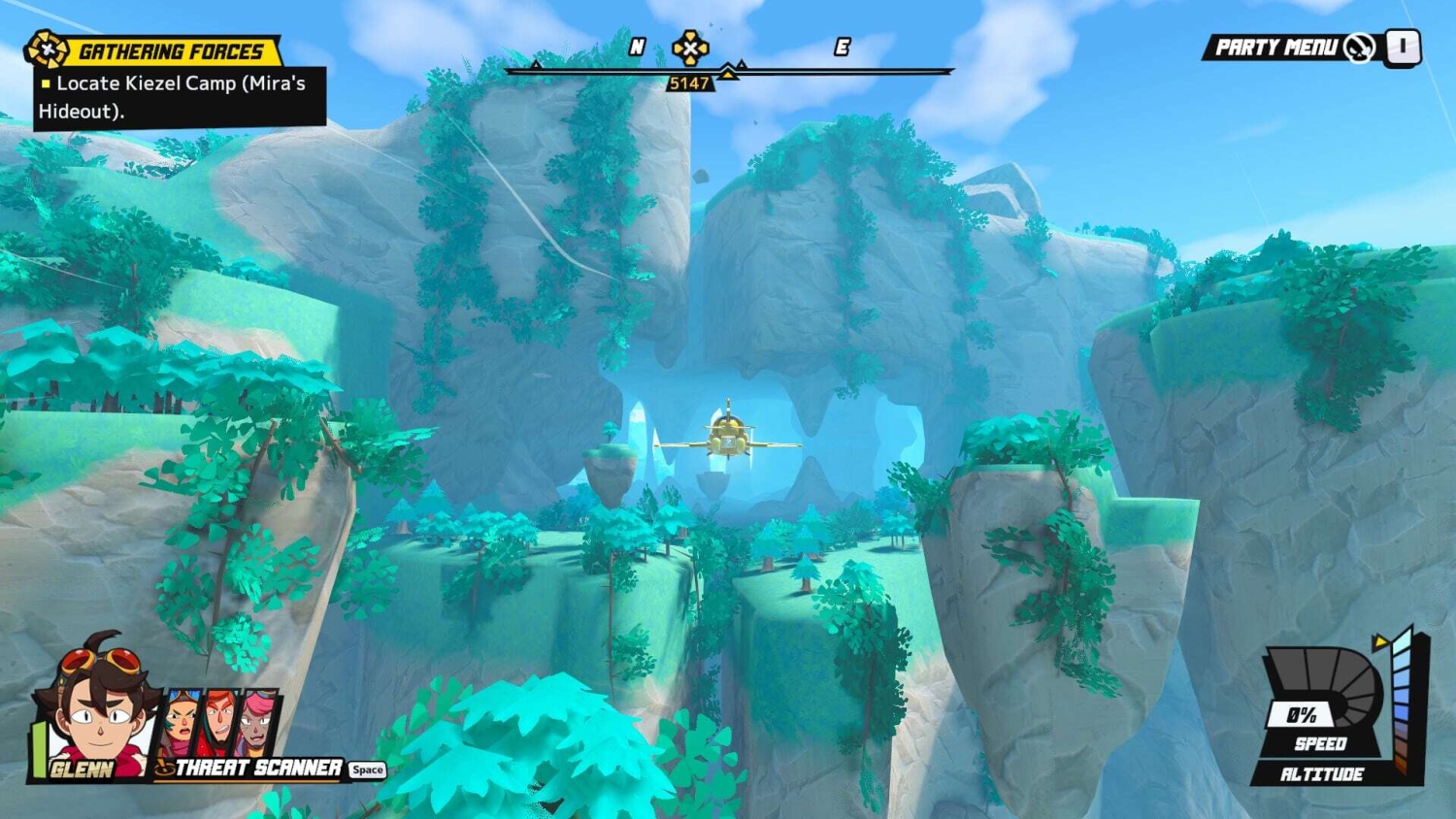 Yellow plane flying through a bright blue sky over green mountains with floating rock formations surrounded by lush trees