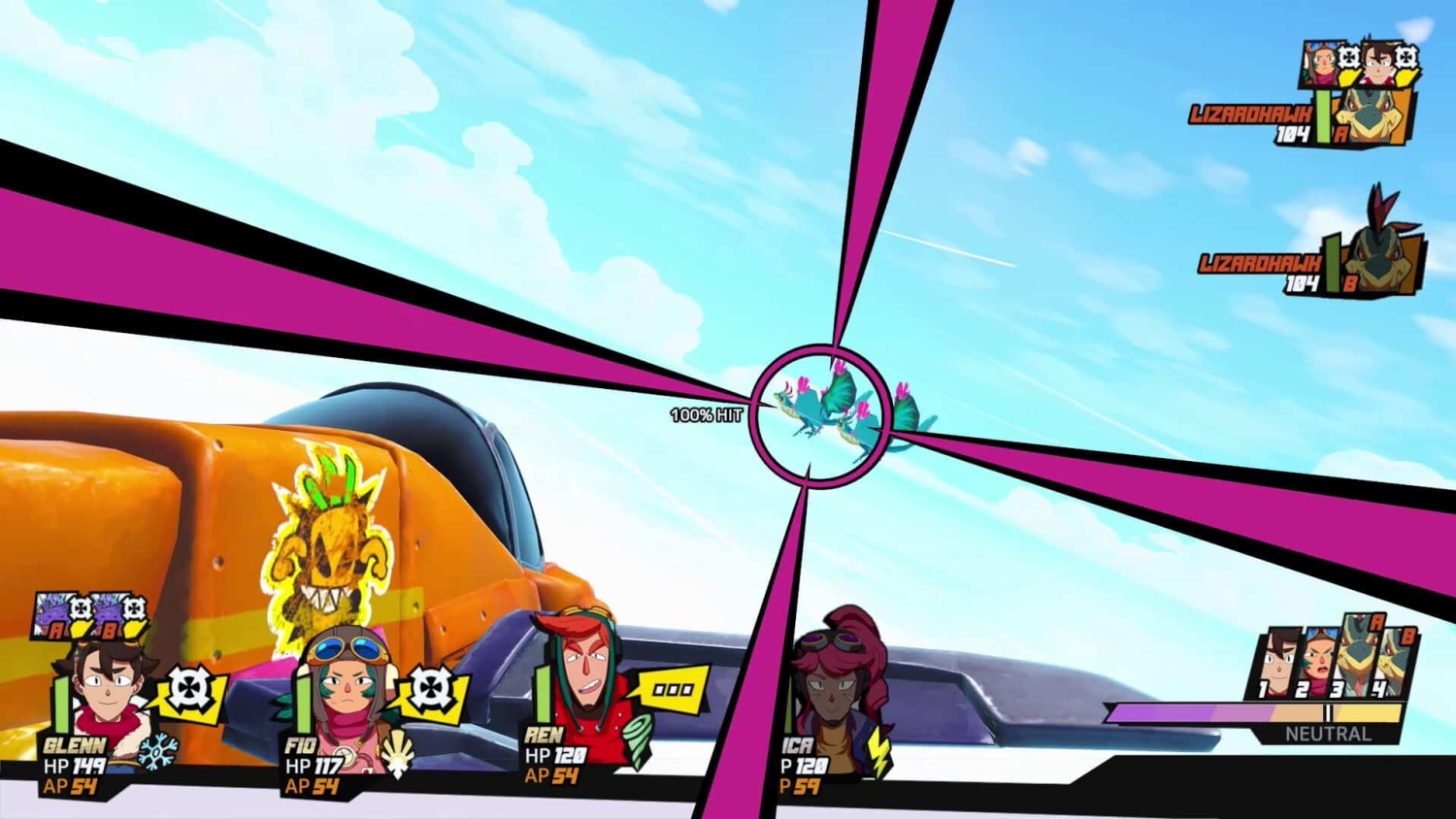 Characters aiming at two flying lizard-like creatures through a bright sky in a video game combat screen