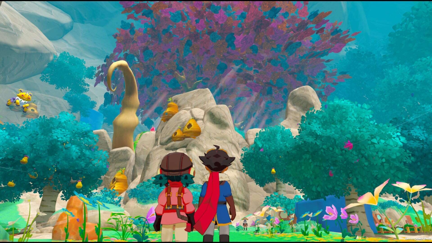 Two animated characters stand before a large carved stone face surrounded by colourful trees, flowers, and hanging beehives