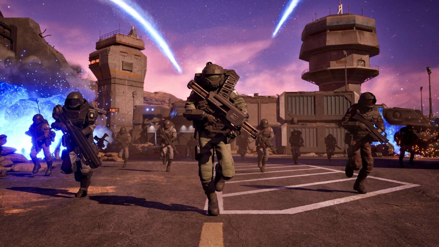 Group of soldiers in futuristic combat armour running forward on military base with glowing blue blasts and purple dusk sky