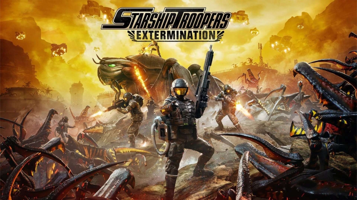 Armoured soldiers firing weapons at giant alien insects in a war-torn rocky landscape under an orange sky
