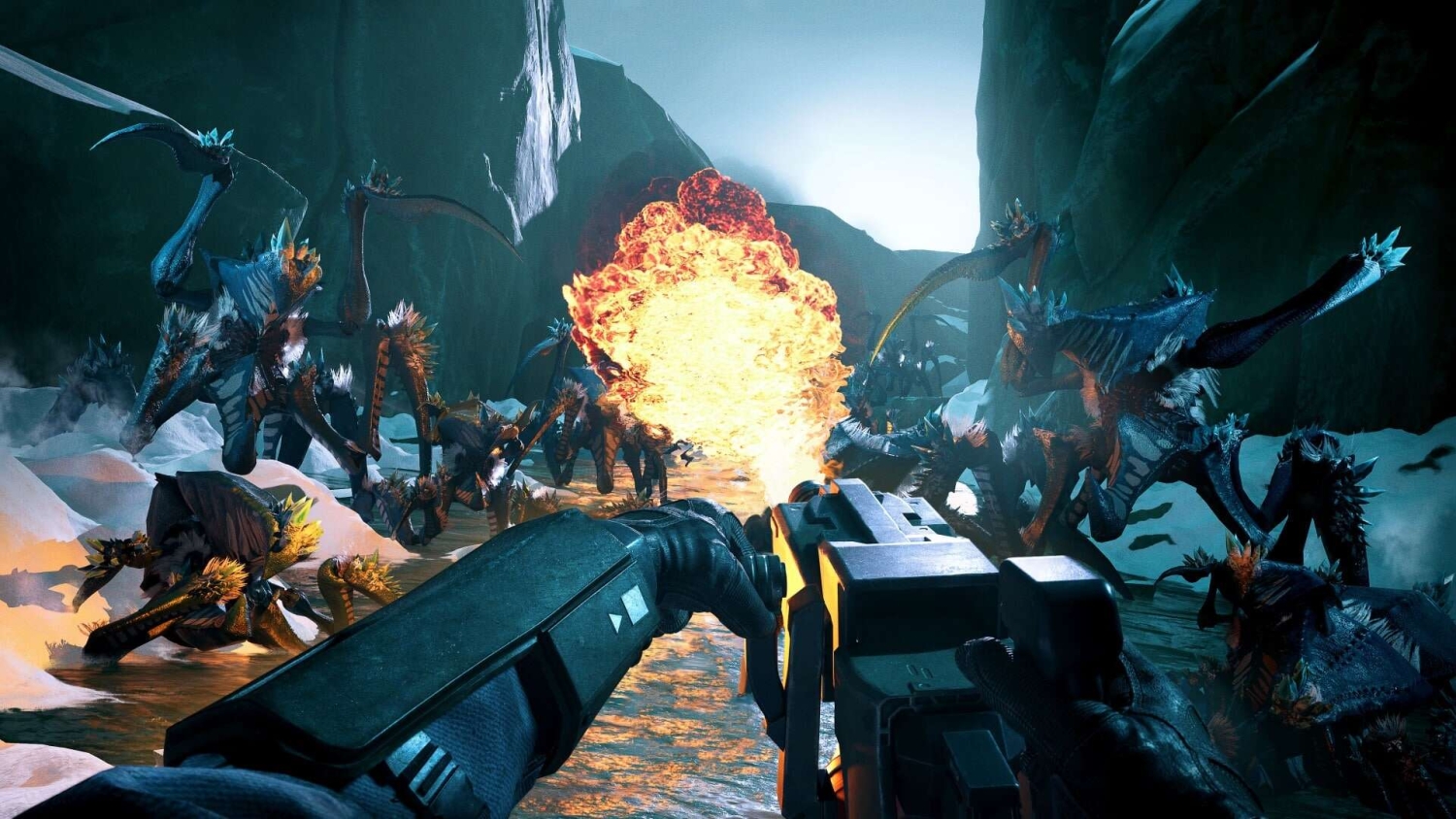 Player using a flamethrower in a first-person shooter to burn attacking multiple alien creatures in a narrow rocky canyon