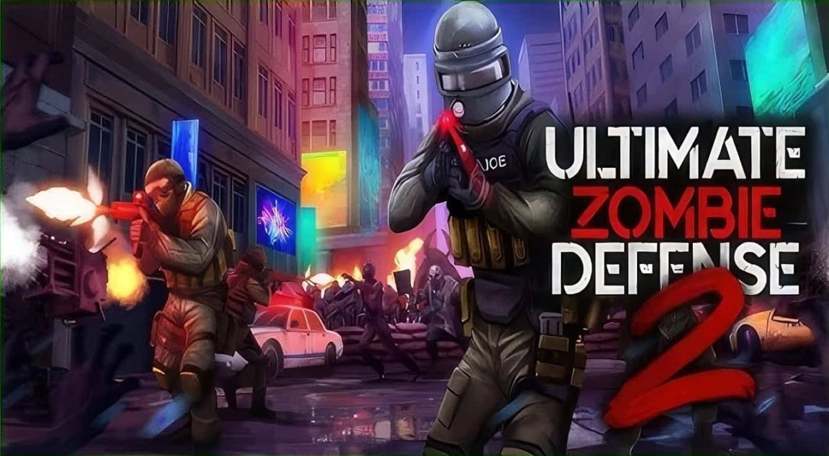 Characters in tactical gear shooting at attacking zombies in a city street with neon signs
