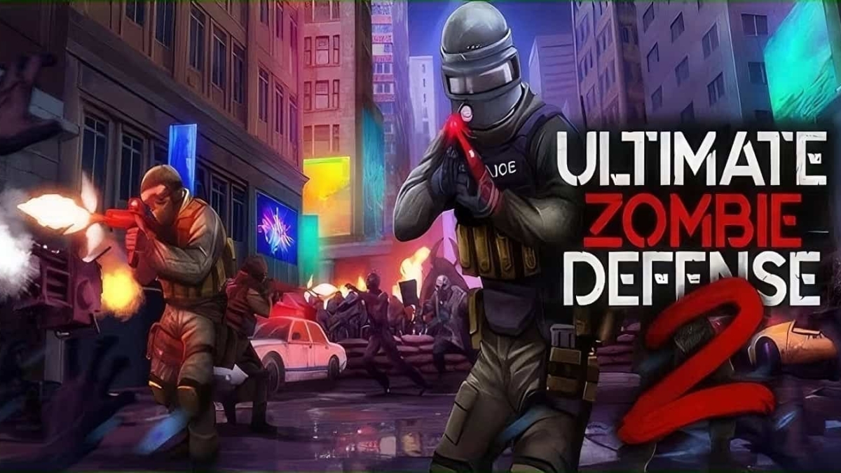 Characters in tactical gear shooting at attacking zombies in a city street with neon signs