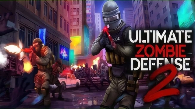 Characters in tactical gear shooting at attacking zombies in a city street with neon signs