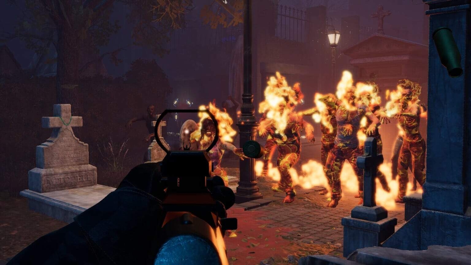 First-person shooter aiming at flaming zombies in a dark graveyard at night