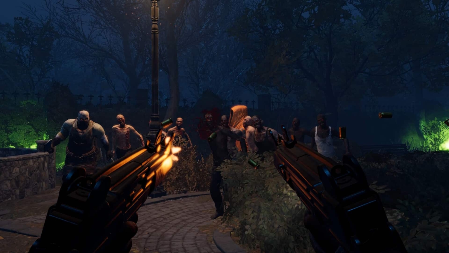 Player firing two submachine guns at zombies approaching in a dark forest park at night