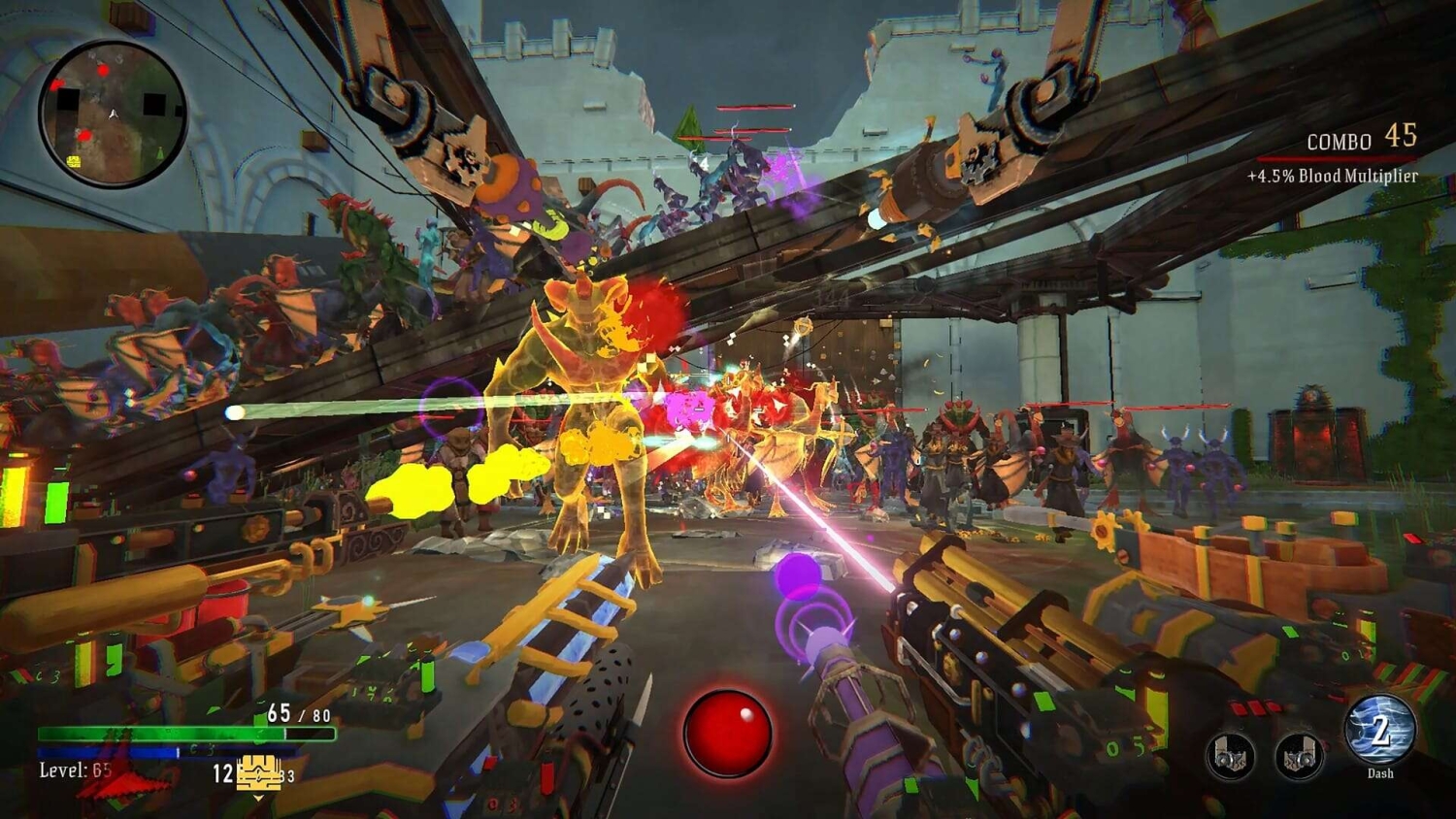 Player firing guns at a large group of colourful demonic enemies in an industrial setting