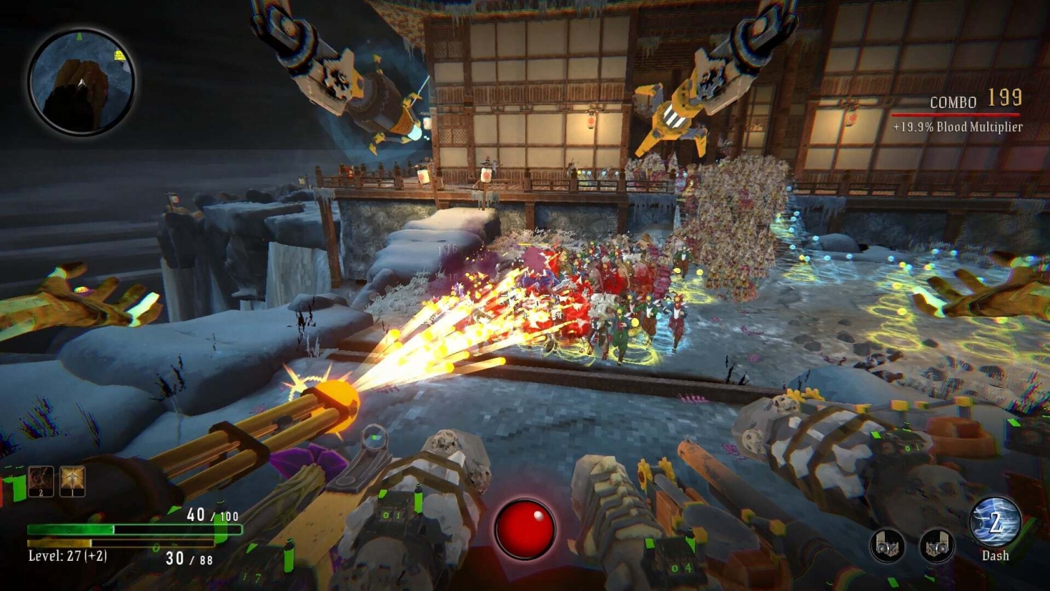 Player using twin mounted gatling guns to shoot approaching enemies in a snowy fortress setting
