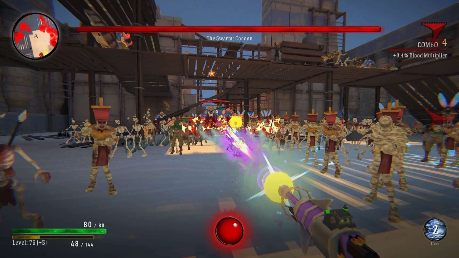 Player firing a glowing energy weapon against a large crowd of skeletons and mummies in an industrial setting