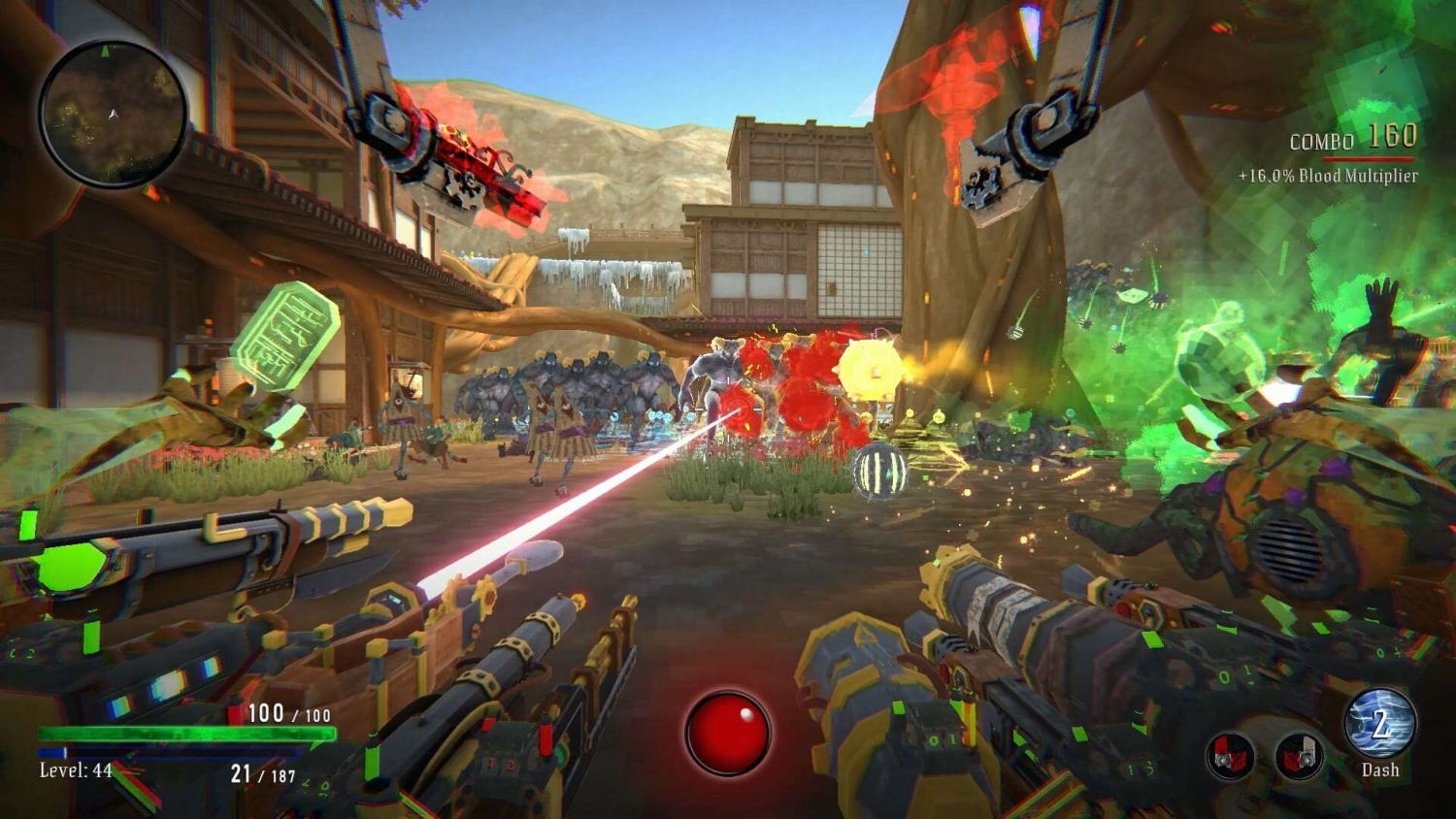 First-person shooter view targeting multiple monstrous enemies in a vibrant courtyard with various weapons firing
