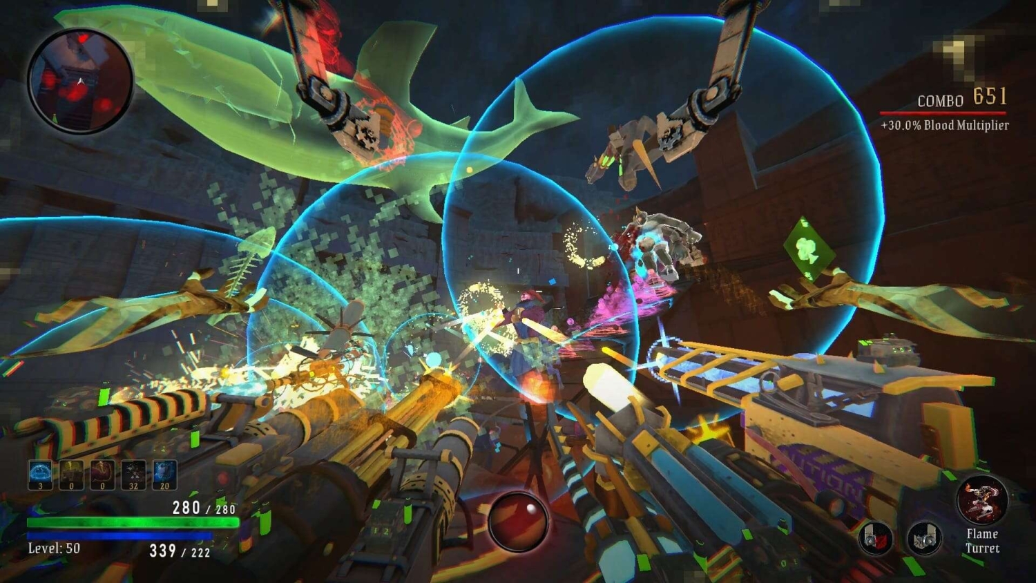 First-person shooter scene with player firing multiple weapons at monsters protected by blue energy shields in a dark environment