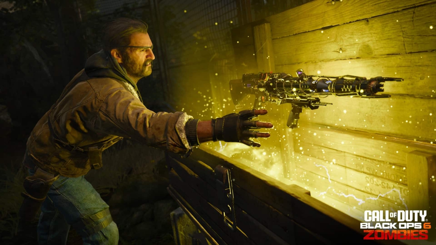 Bearded soldier with an eye patch opening a wooden crate emitting golden light indoors