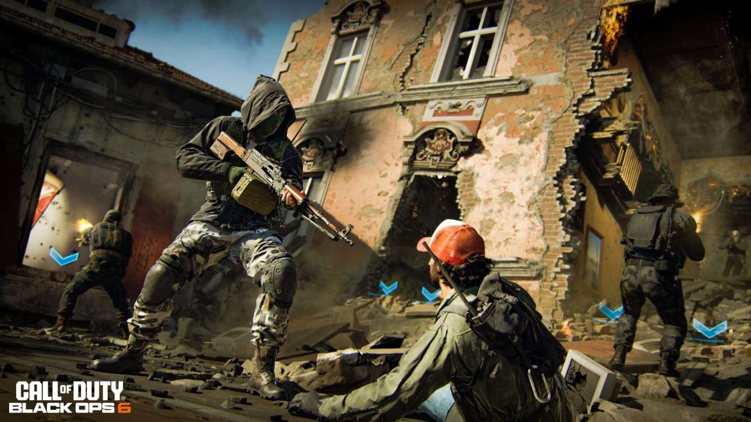 Four soldiers in tactical gear armed with rifles moving cautiously inside a damaged building