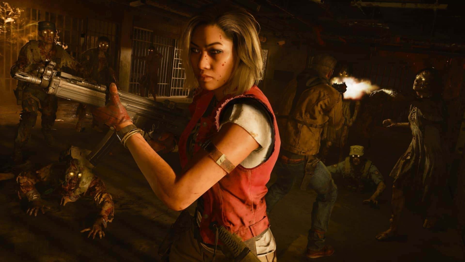 Female soldier aiming a rifle at zombies with glowing eyes in a dimly lit underground corridor