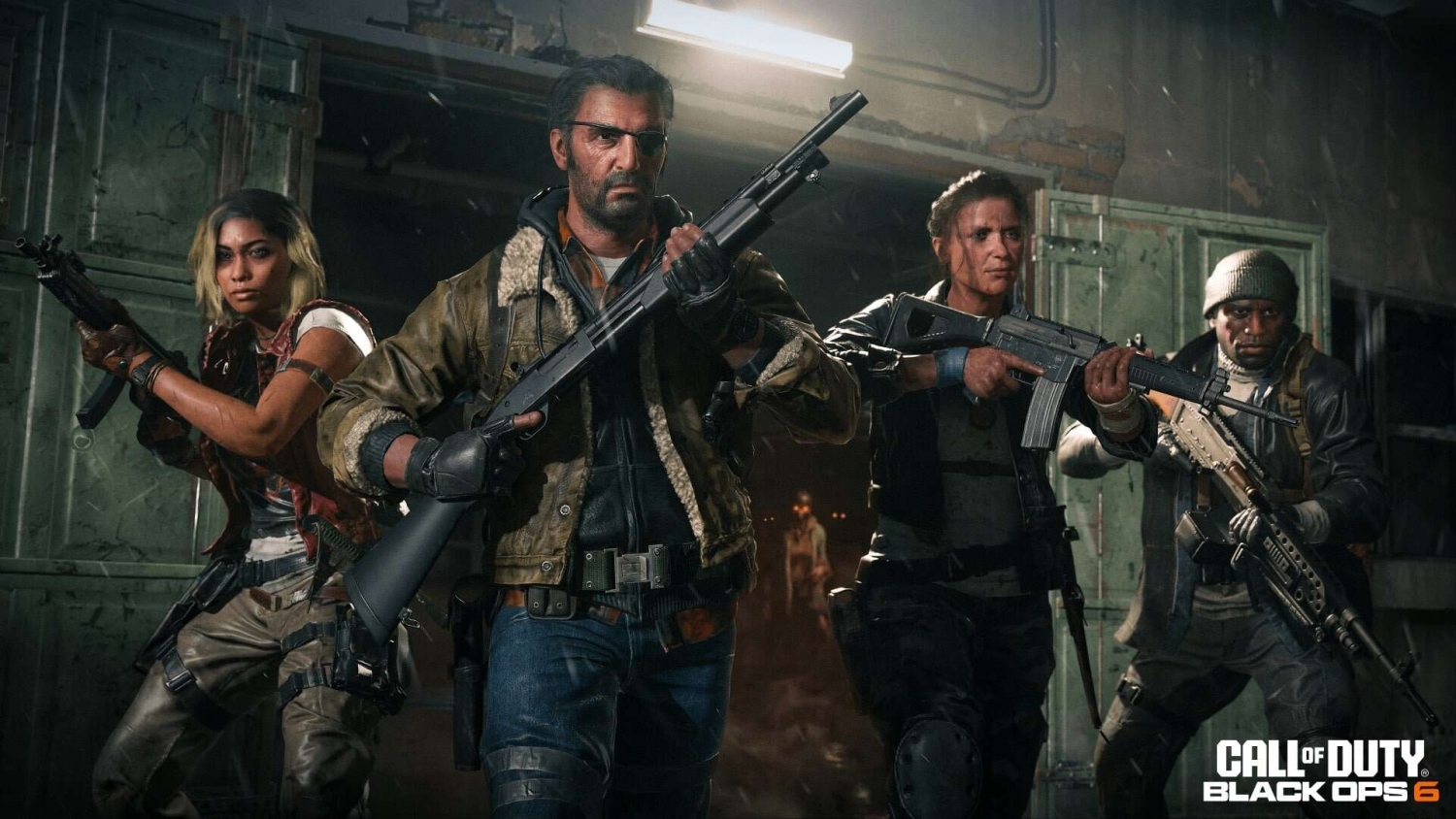 Four armed characters cautiously entering a dimly lit industrial room with weapons ready