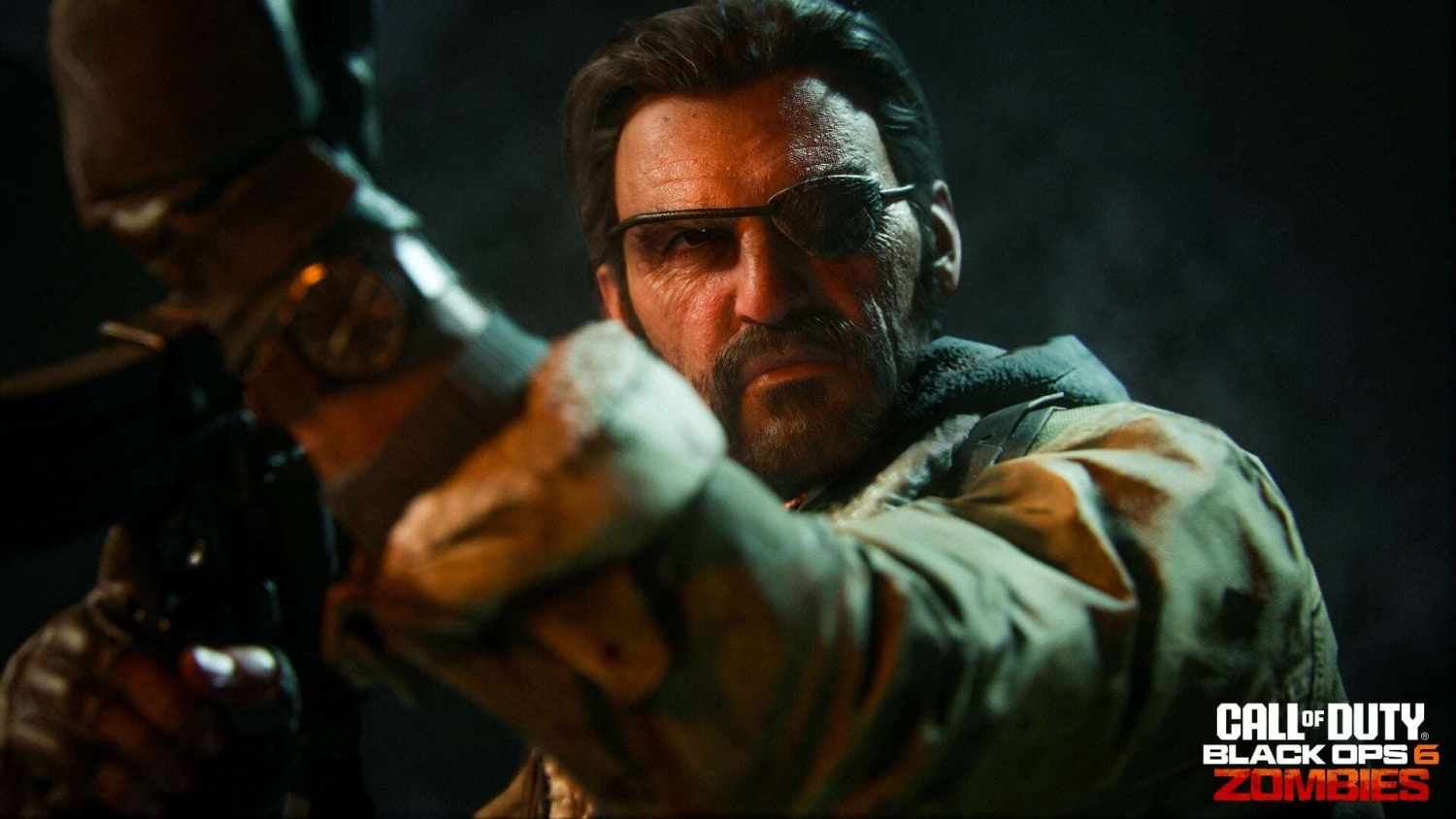 Close-up of a soldier wearing an eyepatch aiming a gun in a dark, tense environment