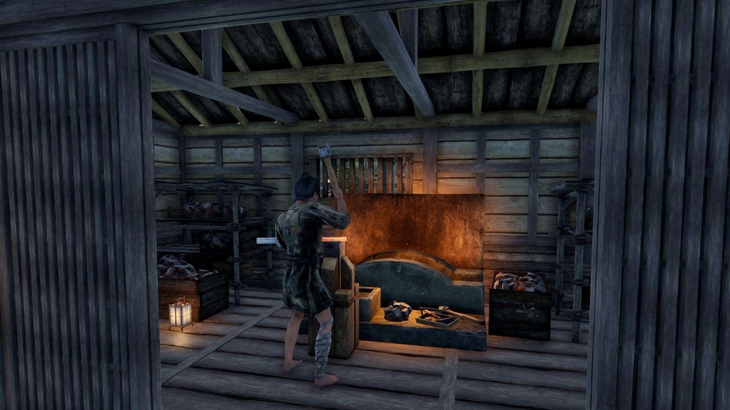 Barefoot character wielding an axe preparing to strike an anvil near a glowing forge inside a wooden cabin