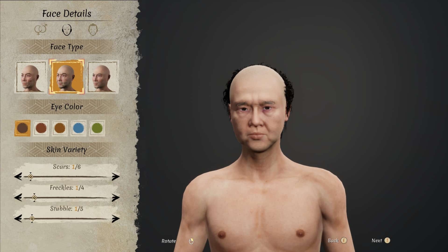 Male character face customization options showing bald head and skin details sliders for scars, freckles, and stubble