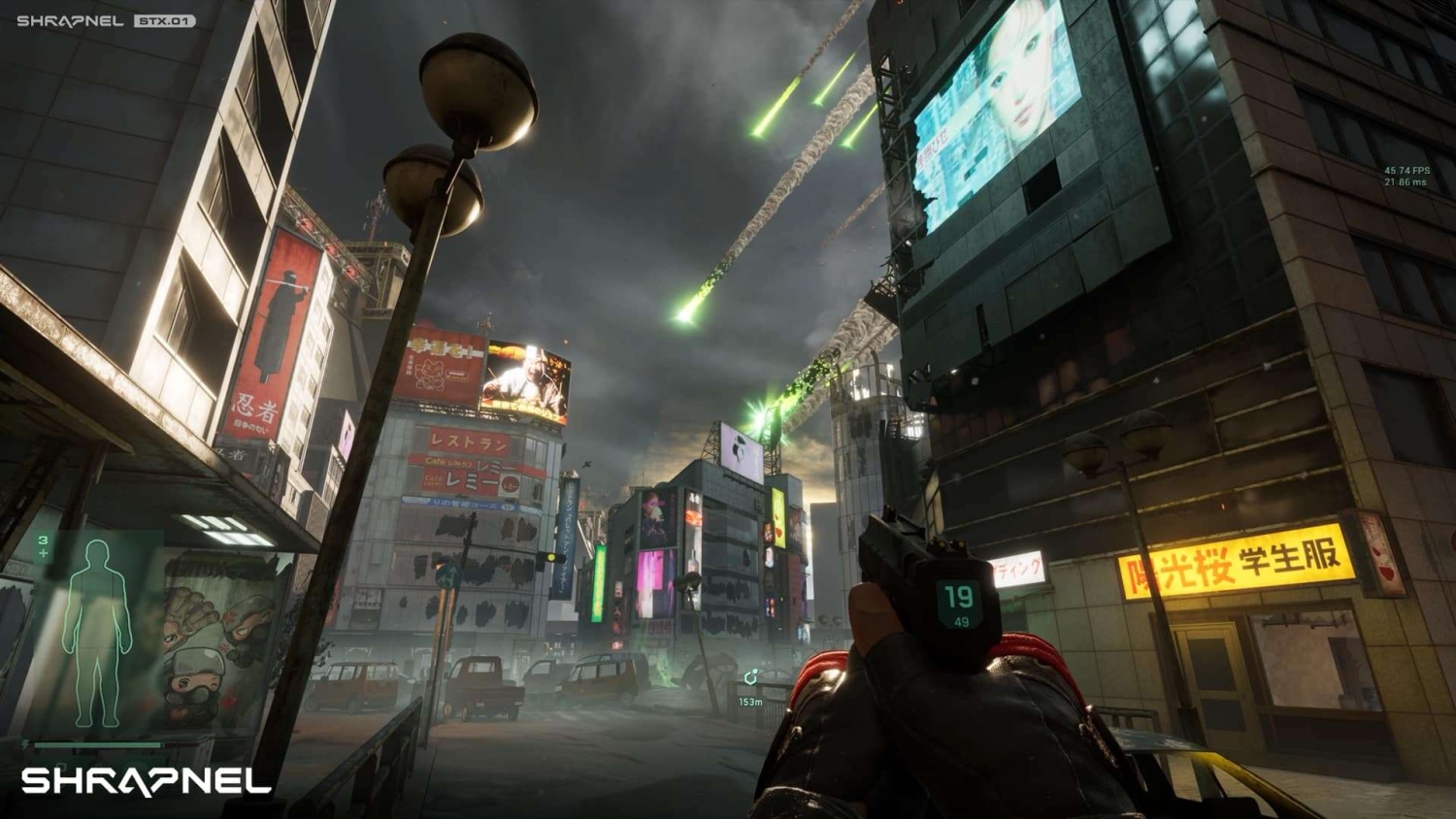 View of a first-person shooter character holding a handgun in a futuristic urban area with green glowing projectiles streaking across a cloudy sky