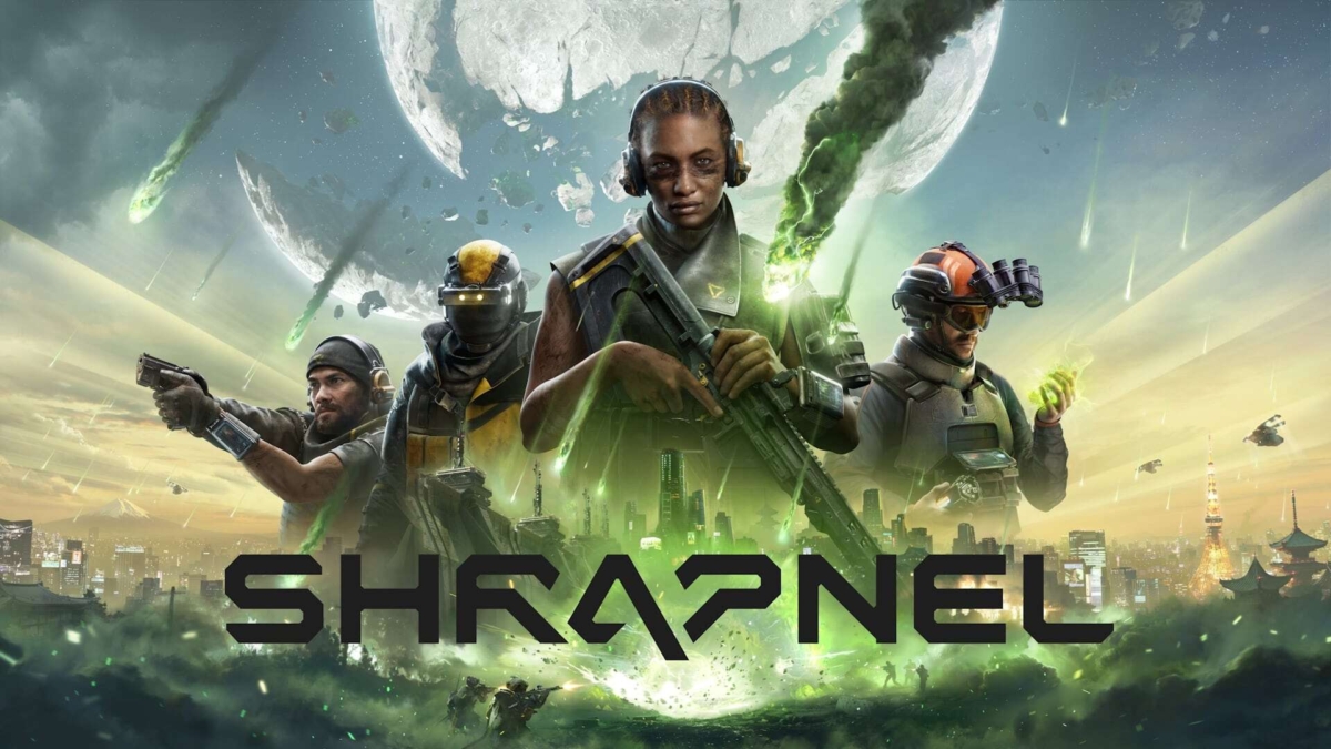Four armed soldiers in futuristic gear stand in front of a city with a shattered moon and green meteors falling from the sky