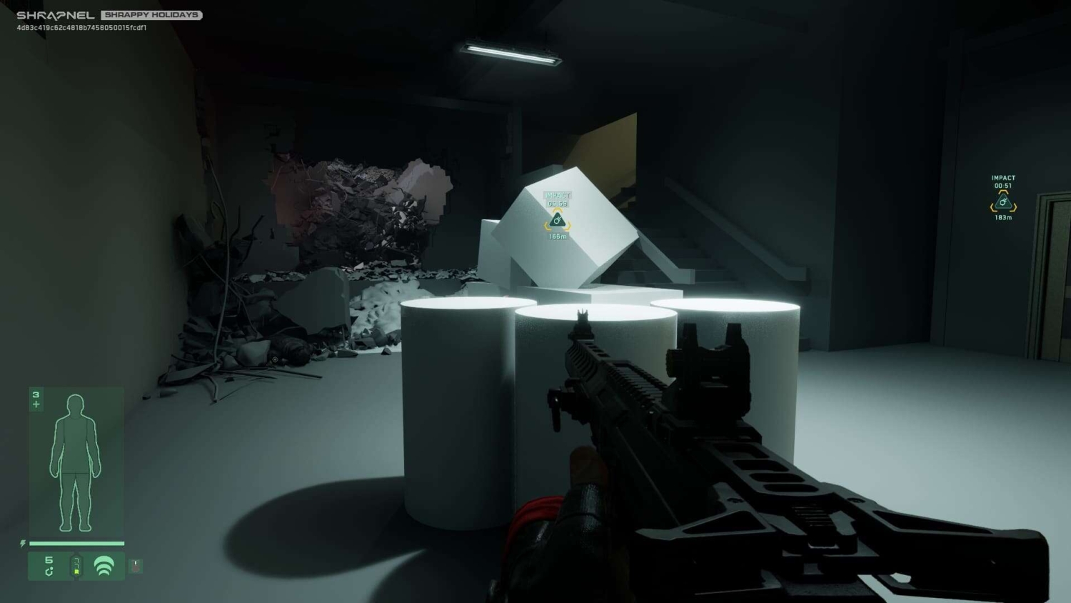 First-person view aiming a tactical rifle at white cylindrical targets in a dim indoor shooting range with rubble and stairs