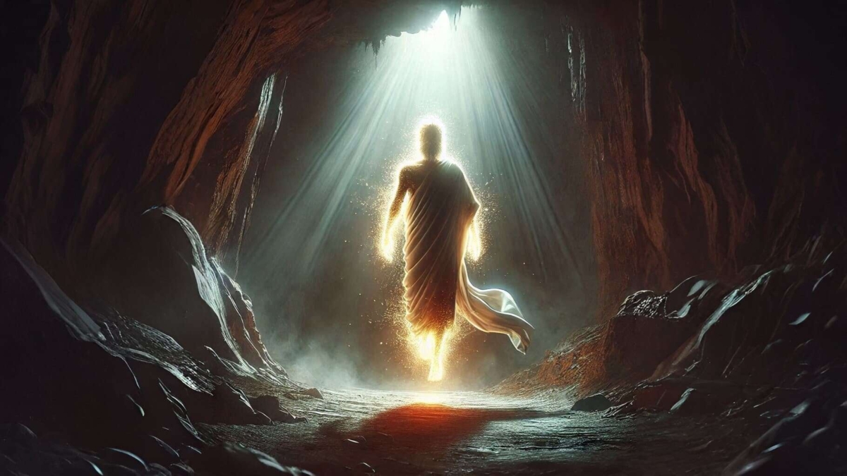 Silhouetted figure cloaked in light standing inside a dark cave illuminated by a bright beam