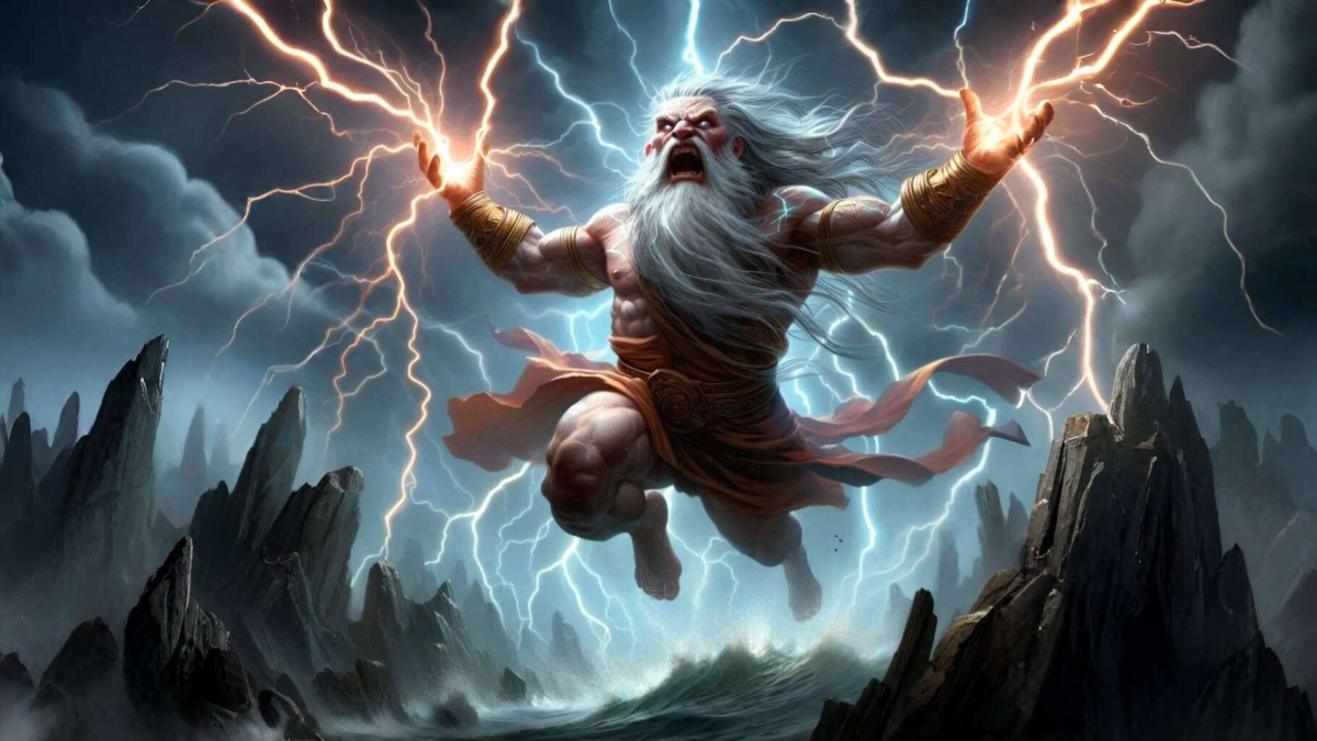 Muscular white-bearded god shouts while summoning blue and orange lightning over rocky sea cliffs