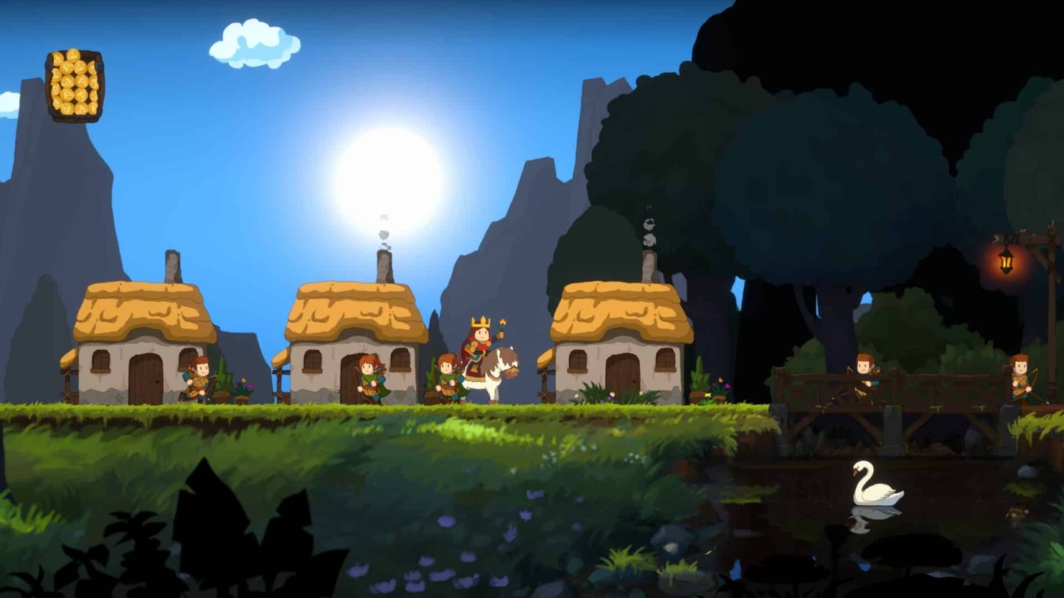 Pixel art king riding a horse with armed guards beside three cottages under bright sun