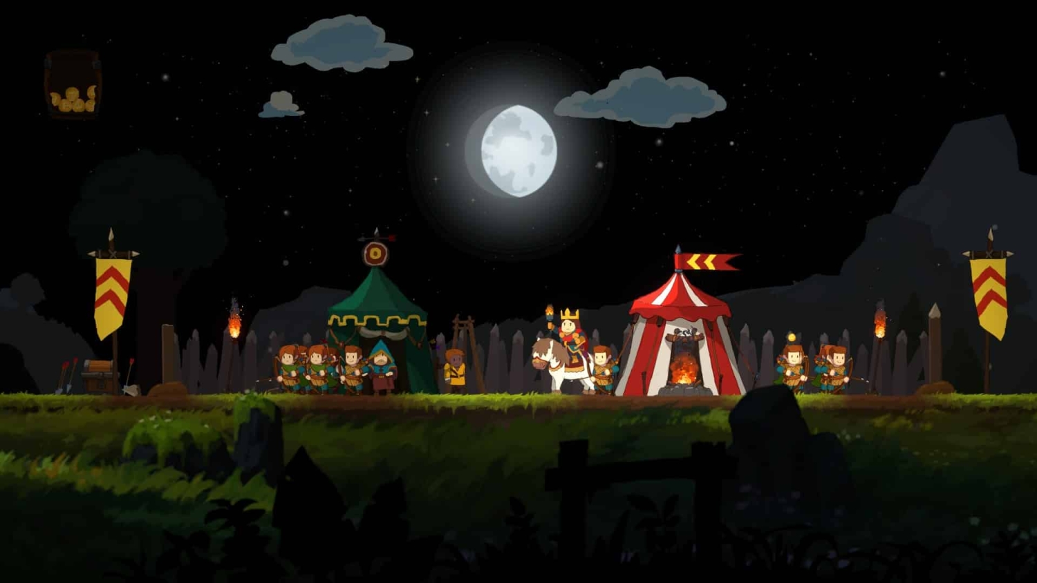 Pixel art of a medieval camp with soldiers and a crowned monarch on horseback under a full moon