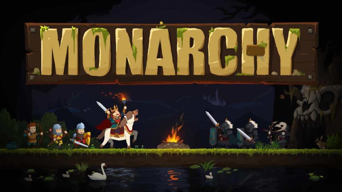 Cartoonish medieval characters on either side of a campfire under a wooden sign spelling Monarchy