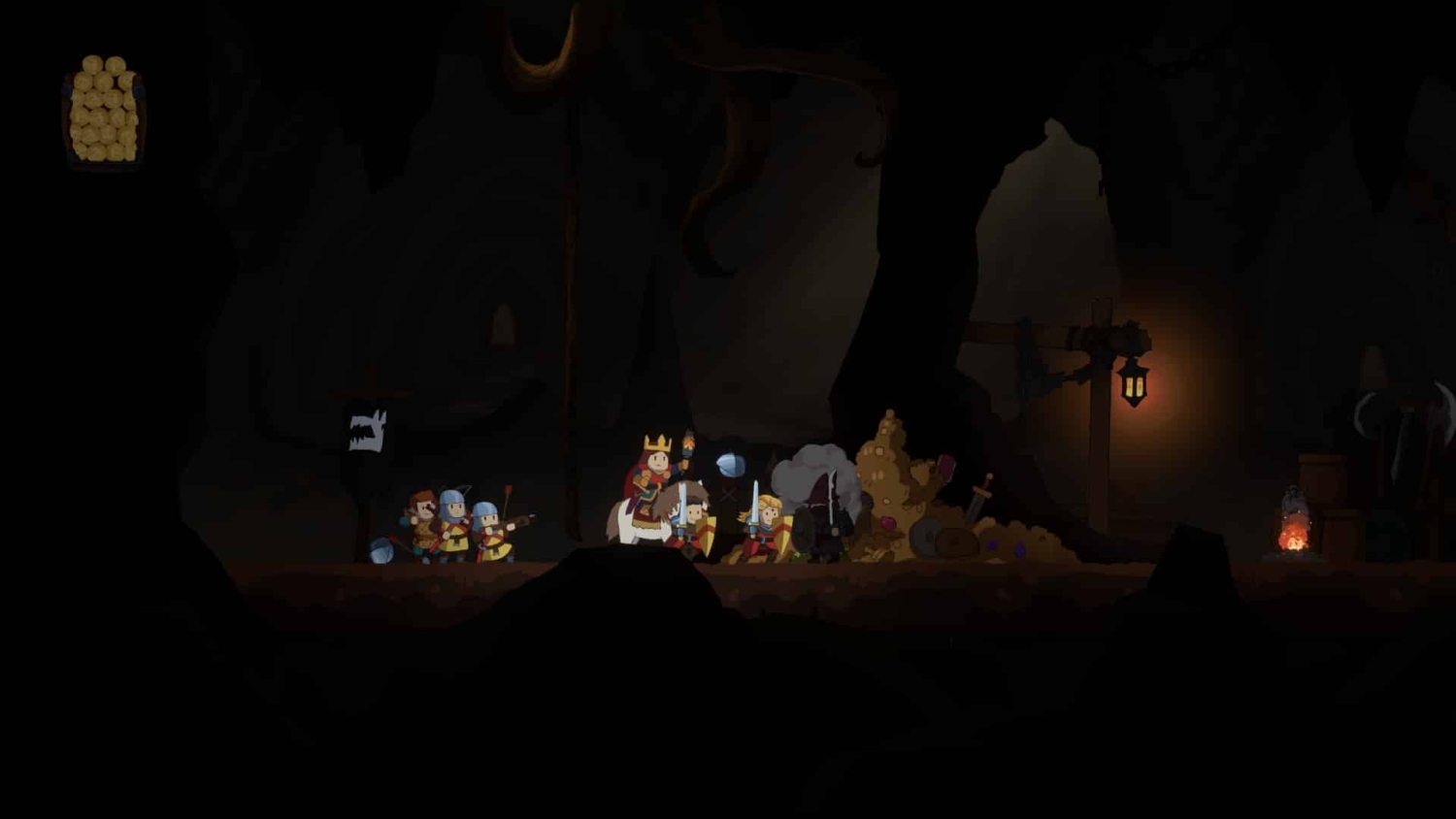 Crowned monarch on horseback and armed soldiers exploring a dimly lit cave with treasure piles