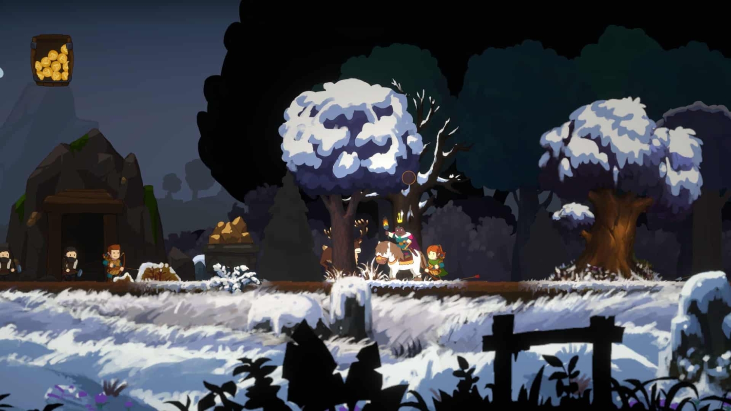 Pixel art side-scrolling game scene showing a monarch on horseback with companions in a snowy forest