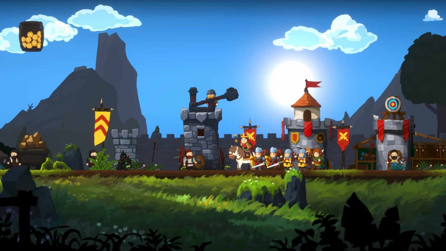 Cartoon medieval stone castle with soldiers wielding weapons and a mounted monarch under a bright blue sky